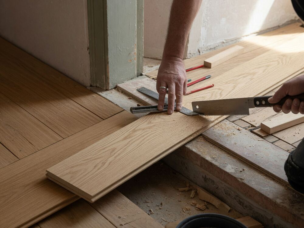Bodenleger prüft mit Messwerkzeug den Anschluss einer Holzdiele