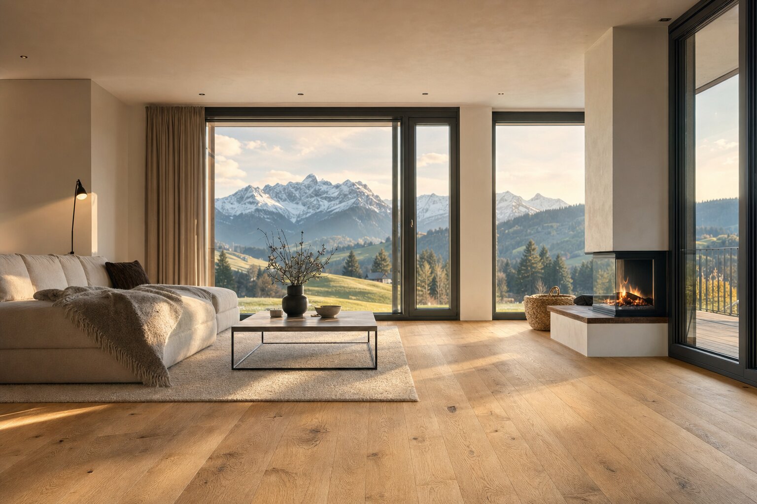 Heller Wohnraum im modernen Chalet-Stil mit großformatigem Eichenboden und Blick auf die Allgäuer Alpen