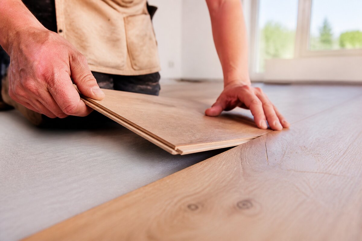 Handwerke rasten eine Diele mit Klicksystem passgenau ein