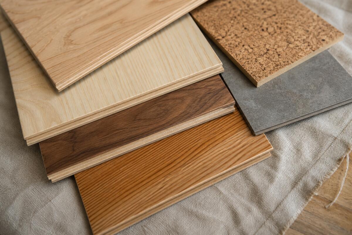 Materialmuster von Eiche, Esche, Nussbaum, Kork und Vinyl
