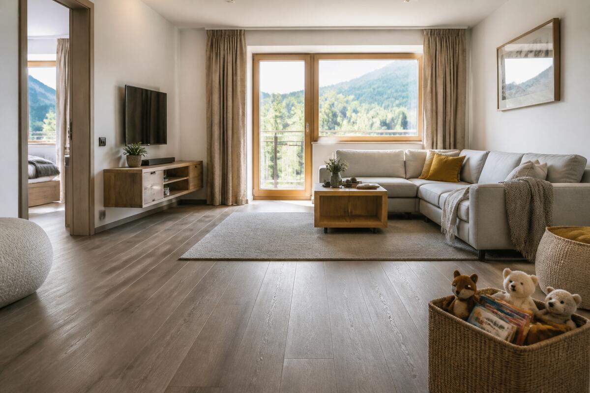 Heller Familienraum mit Designboden in Holzoptik
