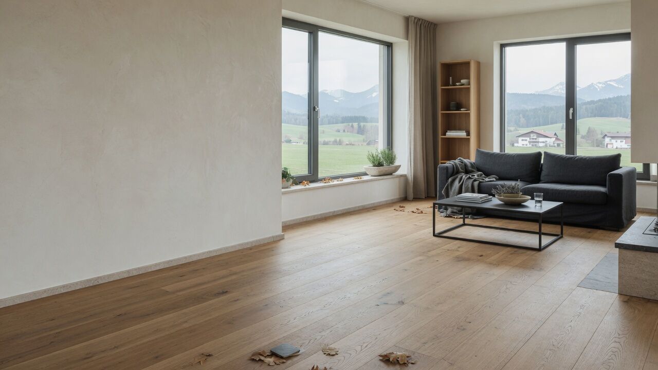 Heller Wohnraum mit Eichenboden und weitem Blick in die Allgäuer Landschaft