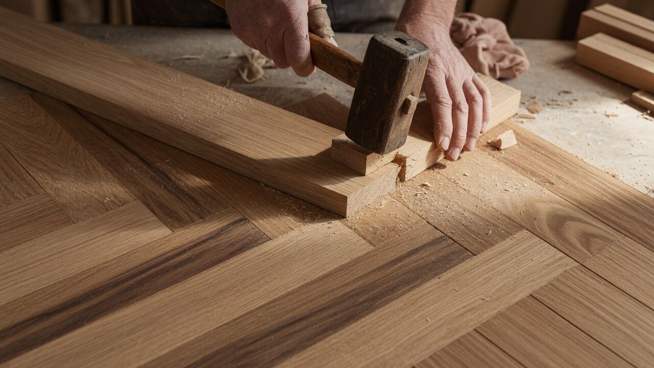 Detail handwerklicher Holzbearbeitung mit Hobel und Eichenholz