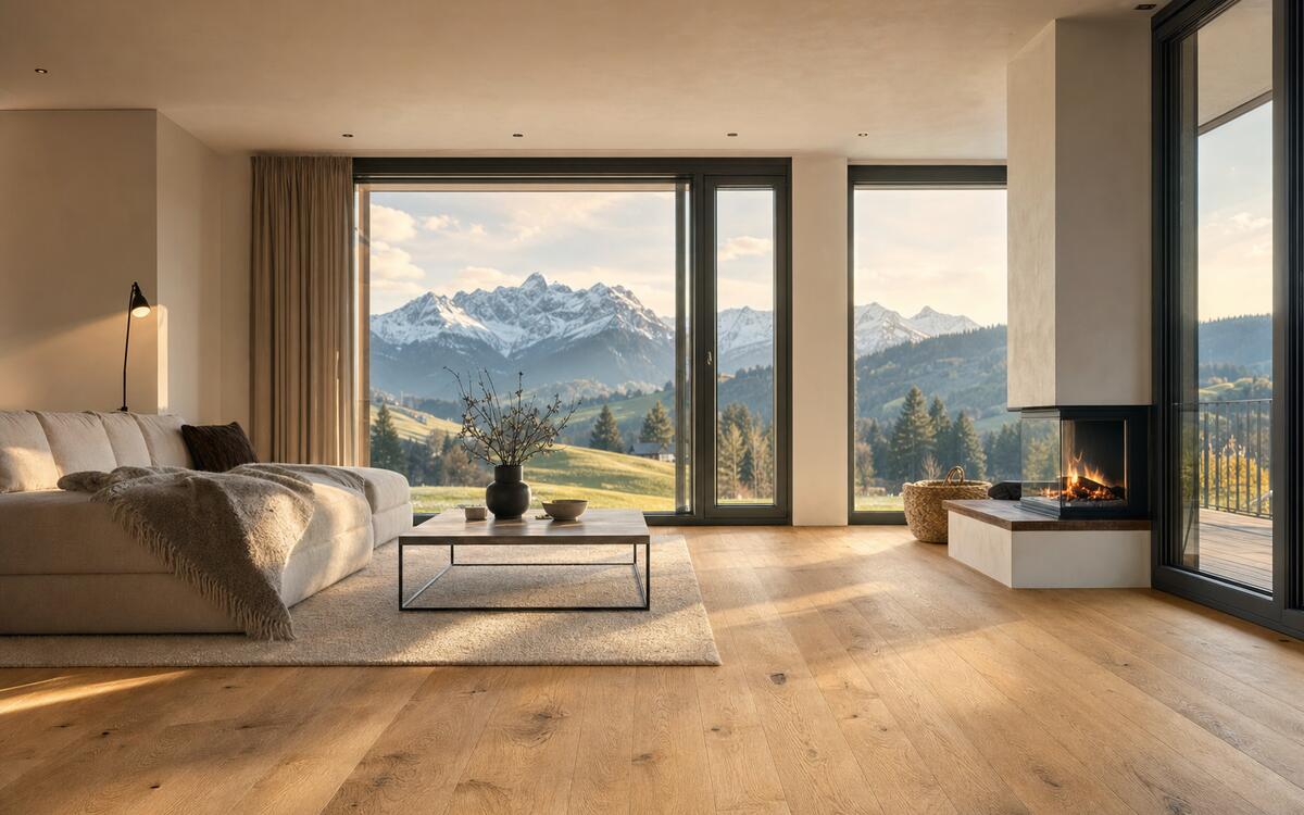 Heller Wohnraum im modernen Chalet-Stil mit großformatigem Eichenboden und Blick auf die Allgäuer Alpen
