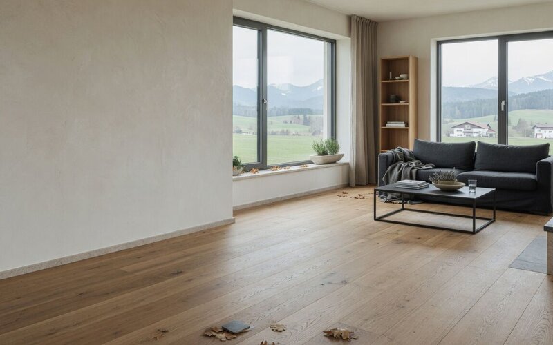 Heller Wohnraum mit Eichenboden und Blick in die Allgäuer Landschaft